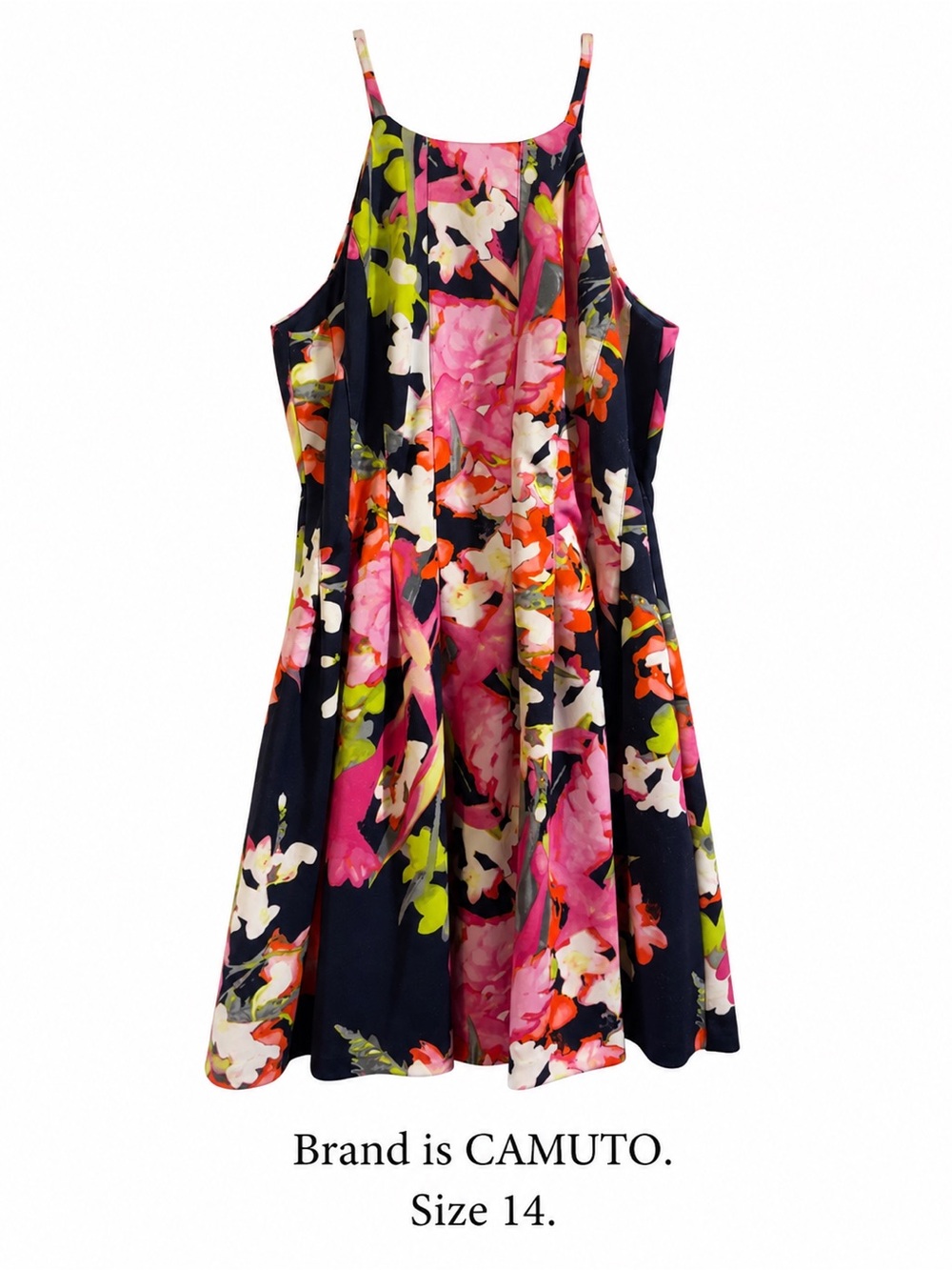 Vince Camuto Navy Floral Fit-and-Flare Dress with Pink, Green and Orange Accents